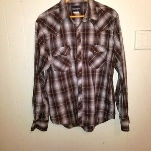 Wrangler Plaid Pearl Snap Button Down Brown L Tag Faded Out
